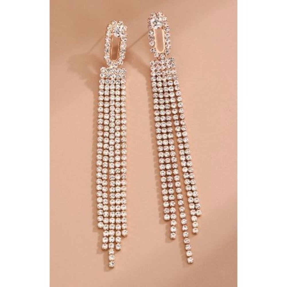 Rhinestone Tassel Drop Earrings Gold Tone